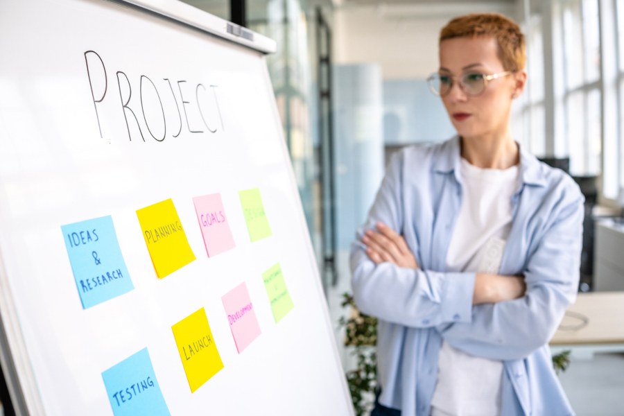Eine Frau steht vor einem Whiteboard, auf dem groß "Project" steht und verschiedene bunte Post-its angeheftet sind, auf denen u. a. die Stichwörter "Ideas and Research", "Planing", "Goals", "Testing", "Launch", "Development" zu sehen sind.