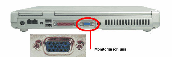 Bild Monitoranschluss Rueckseite eines Laptops mit externem Monitorausgang