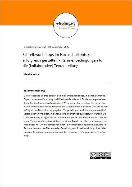 Screenshot des e-teaching.org-Artikels: Oben ist mit einem orange farbenen Balken das e-teaching.org-Logo zu sehen. Darunter ist Titel und Name der Autorin abgebildet. In der unteren Hälfte des Covers steht der Abstract.