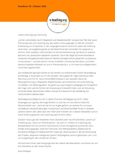 Newsletter (Ausgabe 59) Screenshot des e-teaching.org-Newsletters 59 vom Oktober 2026: Oben ist auf einem orangefarbenen Balken das e-teaching.org-Logo zu sehen. Darunter steht das Editorial, das mit „Liebe e-teaching.org-Community“ beginnt und von Anne Thillosen unterzeichnet ist.