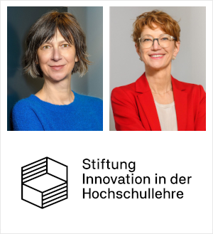 Portraits von Dr. Cornelia Raue und Dr. Antje Mansbrügge sowie das Logo der Stiftung Innovation in der Hochschullehre. Link zum Erfahrungsbericht.