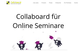 Screenshot der Webseite. Groß zu sehen ist der Titel "Collaboard für Online Seminare".