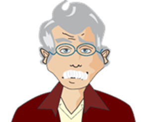 Comic-Zeichnung von Prof. Hisgen: Der Mann hat graue Haare und einen weisen Bart. Er trägt eine blaue Brille und hat ein rotes Hemd an.