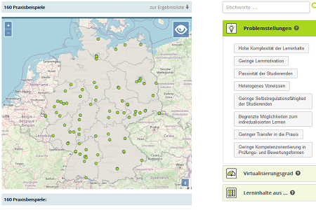 Screenshot der Webseite der "Digital Learning Map". Links ist die Karte von Deutschland zu sehen. Markiert sind hier die Hochschulen, die bereits ein Beispiel eingereicht haben, bzw. deren Standorte. Rechts sind die Kategorien (z. B. Problemstellungen) aufgelistet, anhand derer man die Beispiele durchsuchen kann. Link führt zur Digital Learning Map.