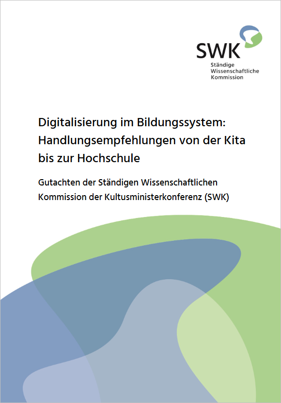Deckblatt des SWK-Gutachtens "Digitalisierung im Bildungsbereich". Rechts oben in der Ecke ist das SWK-Logo zu sehen. In der Mitte der Titel. Direkt drunter eine abstrakte Form mit Wellen in Grün und Blau.