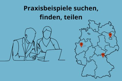 Schwarzer Titel "Praxisbeispiele suchen, finden, teilen" vor blauem Hintergrund. Links ist eine Strichzeichnung von zwei Personen, die vor einem Laptop sitzen, abgebildet, rechts die Deutschlandkarte, unterteilt in Bundesländer. Beispielhaft sind drei Orte mit roten Markern gekennzeichnet.