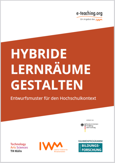 Es wird das Cover des Booklets "Hybride Lernräume gestalten" angezeigt. Das Cover ist in Weiß und dunklem Orange gehalten. Es zeigt den Titel und die Logos der beteiligten Institutionen.