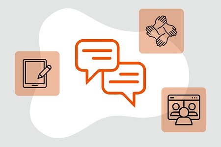 In der Mitte sind Sprechblasen abgebildet. Drum herum sind drei weitere Icons, etwa miteinander verschränkte Hande, ein Tablet mit Stfit sowie eine eine Person, die vor einem digitalen Bildschrim sitzt, auf dem zwei weitere Personen zu sehen sind.