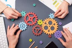 Grundlagentext: Curriculumentwicklung Bunte Zahnrädchen werden von verschiedenen Händen wie ein Puzzle zusammengelegt.
