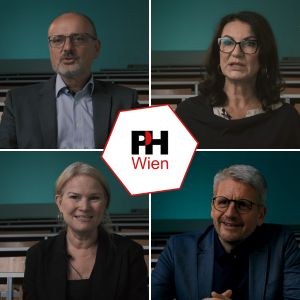 Erfahrungsbericht: Curriculumentwicklung an der PH Wien Quadratische Bild-Collage mit vier Bildern, in der Mitte ist das Logo der PH Wien abgebildet.