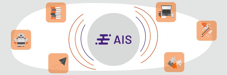 In der Mitte ist das AIS-Logo zu sehen, drum herum sind verschiedene Icons abgebildet, z. B. ein Bücherstapel, ein Roboter, bunte Puzzleteile, Stifte und Papier.