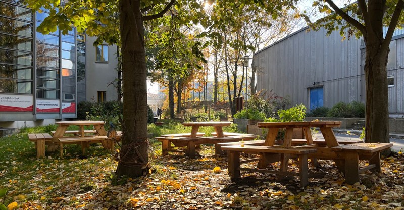 Holzbänke auf einer Wiese vor dem Bibliotheksgebäude