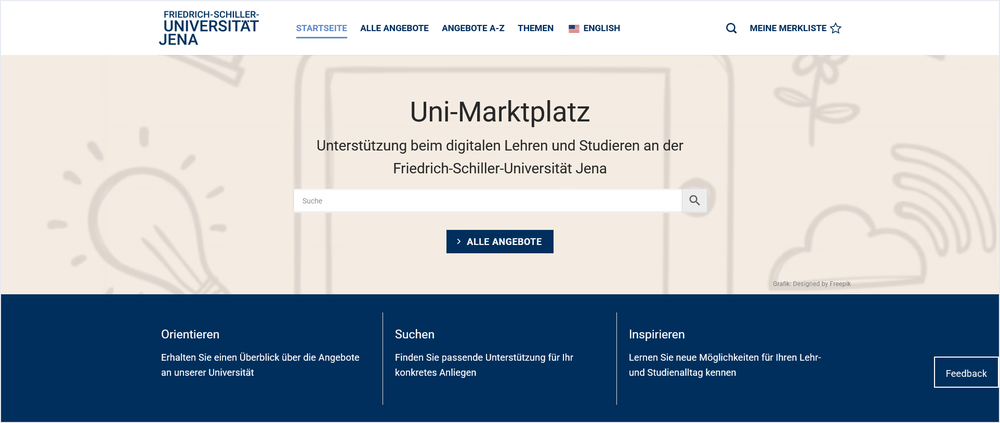 Der Screenshot zeigt in großer Schrift in der Mitte den Text "Uni-Marktplatz", darunter "Unterstützung beim digitalen Lehren und Studieren an der Friedrich-Schiller-Universität Jena". Darunter ist eine Suchleiste.