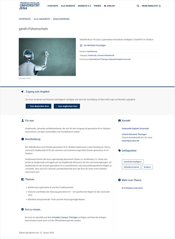 Der Screenshot zeigt den Steckbrief zu "genKI-Führerschein", der u. a. unterteilt ist in die Bereiche "Für wen", "Beschreibung", "Themen" und "Gut zu wissen".