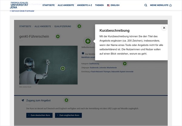 Der Screenshot zeigt den Steckbrief "genKI-Führerschein", wobei an verschiedenen Textstellen ein rundes Kreissymbol mit einem Plus zu sehen ist. Ein geöffnetes Fenster, das über der Steckbrief-Seite liegt, zeigt Zusatzinformationen an, in diesem Fall zur "Kurzbeschreibung".