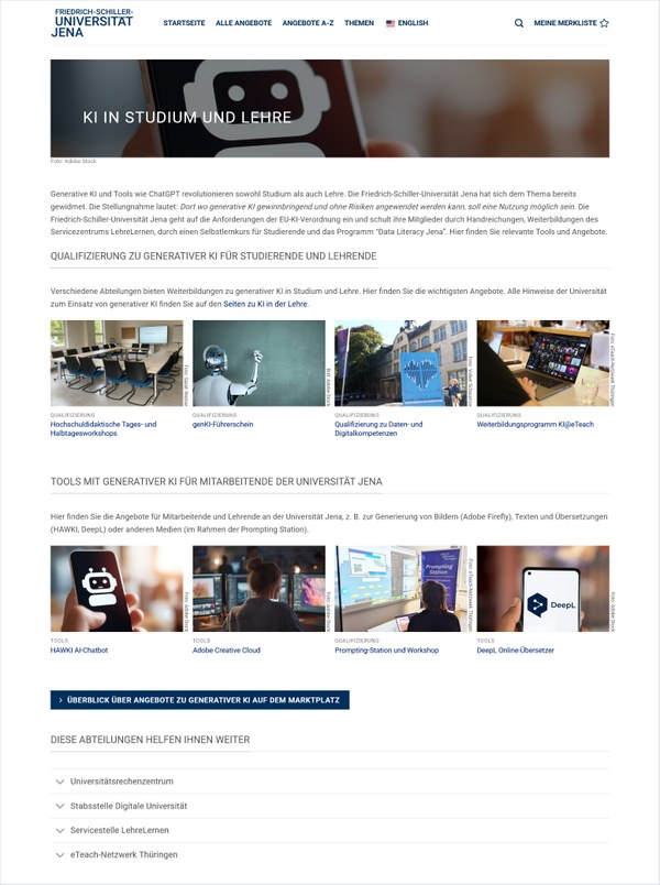 Der Screenshot zeigt die Themenseite "KI in Studium und Lehre".