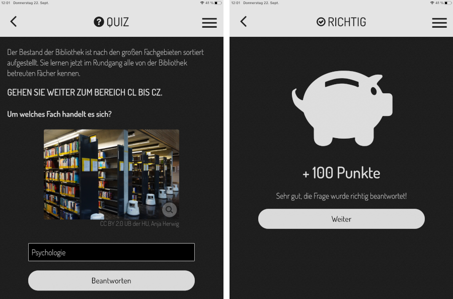 Zwei Screenshots aus der App: links eine Quizfrage und rechts die Glückwunschanzeige, dass die Frage richtig beantwortet und 100 Punkte hinzugewonnen wurden.