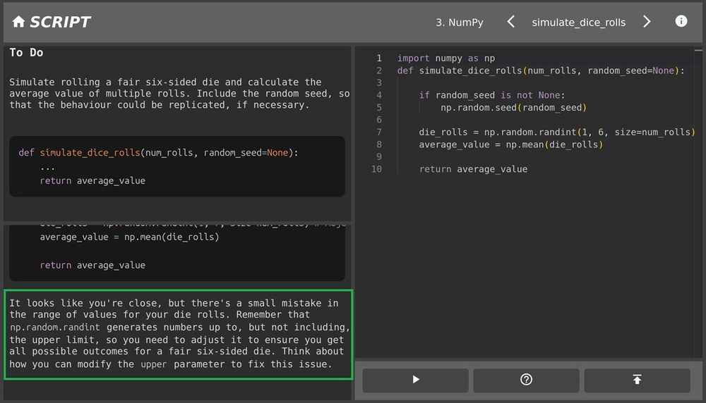 Script_Screenshot Screenshot: Oben steht "Script", das Fenster ist in mehrere Hälften geteilt, links oben steht die Programmieraufgabe, links unten die Hilfestellung durch das KI-System und rechts die Antwort des Studierenden.