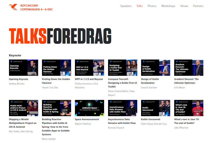 Übersicht von Videos zur Kotlin Conf 2019