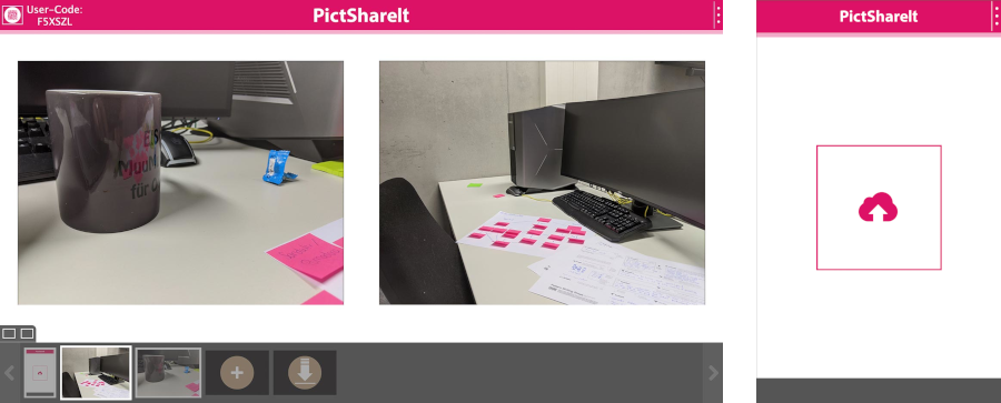 Screenshots der Adminstratoren und Nutzendenansicht in PictshareIt Screenshots zu PictshareIt