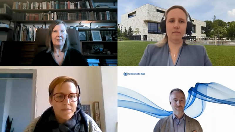 Screenshot aus dem Event "Lernen im Kontext der voranschreitenden Digitalisierung – inklusiv oder exklusiv?" Zu sehen sind Dr. Anne Thillosen, Dr. Sarah Voß-Nakkour, Katrin Lux und Dr. Björn Fisseler 