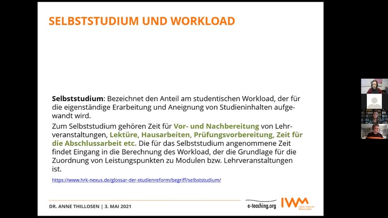 Screenshot aus dem Event "Selbststudium (mit digitalen Medien): selbstverständlich oder neue Herausforderung in den Corona-Semestern?"